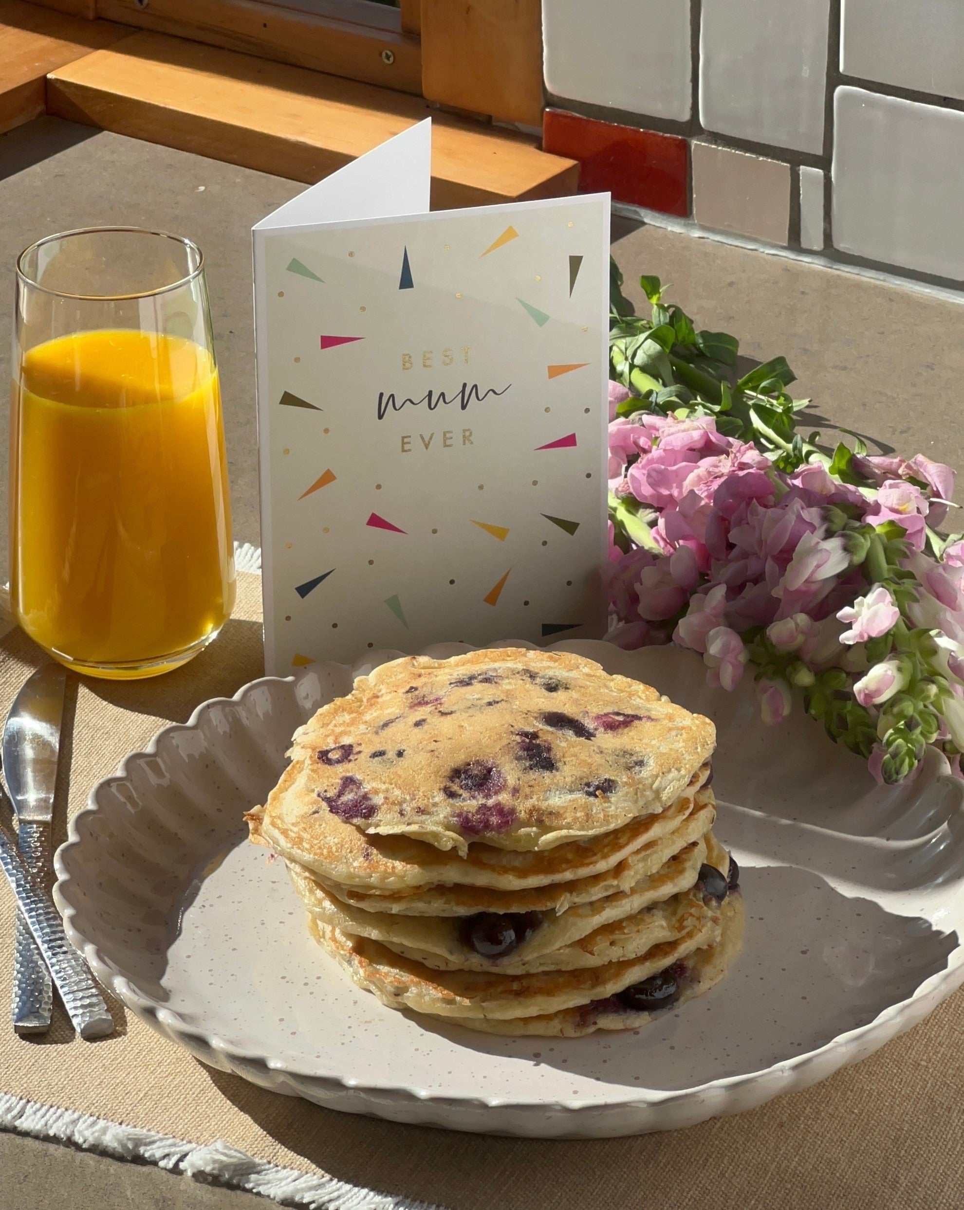Mother's Day blueberry pancakes in bed