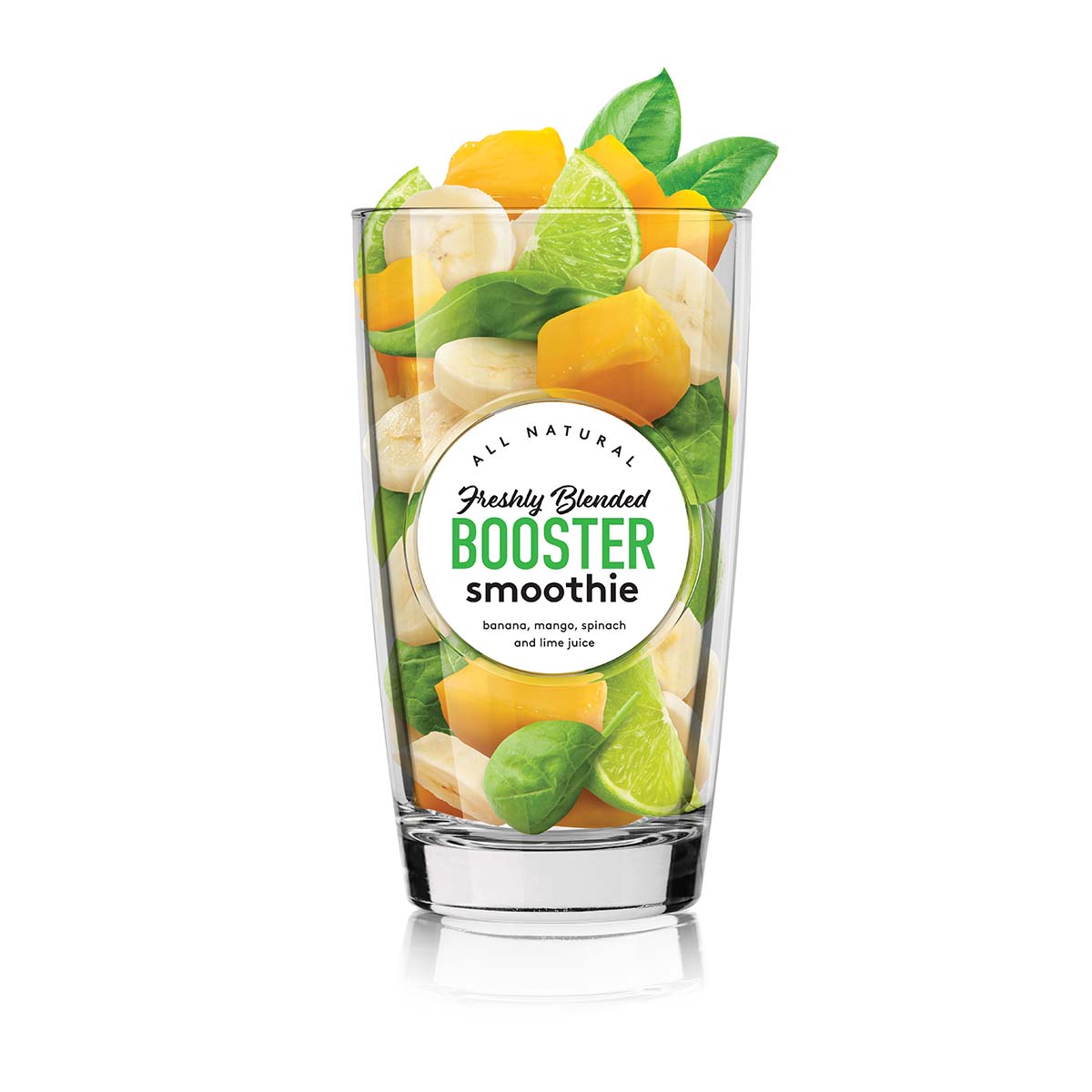 Glass with Booster smoothie fruit pieces ingredients inside