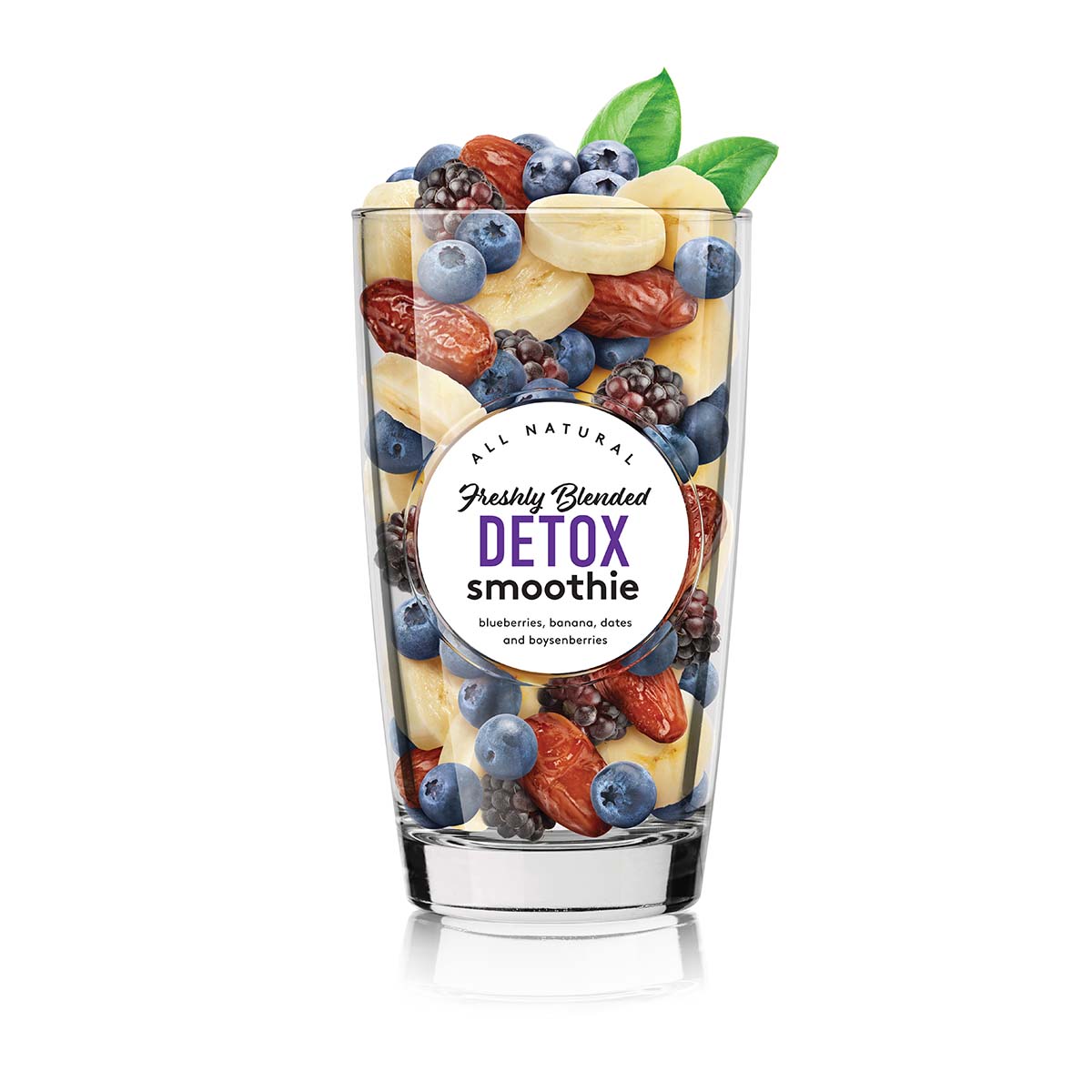 Glass with Detox smoothie fruit pieces ingredients inside