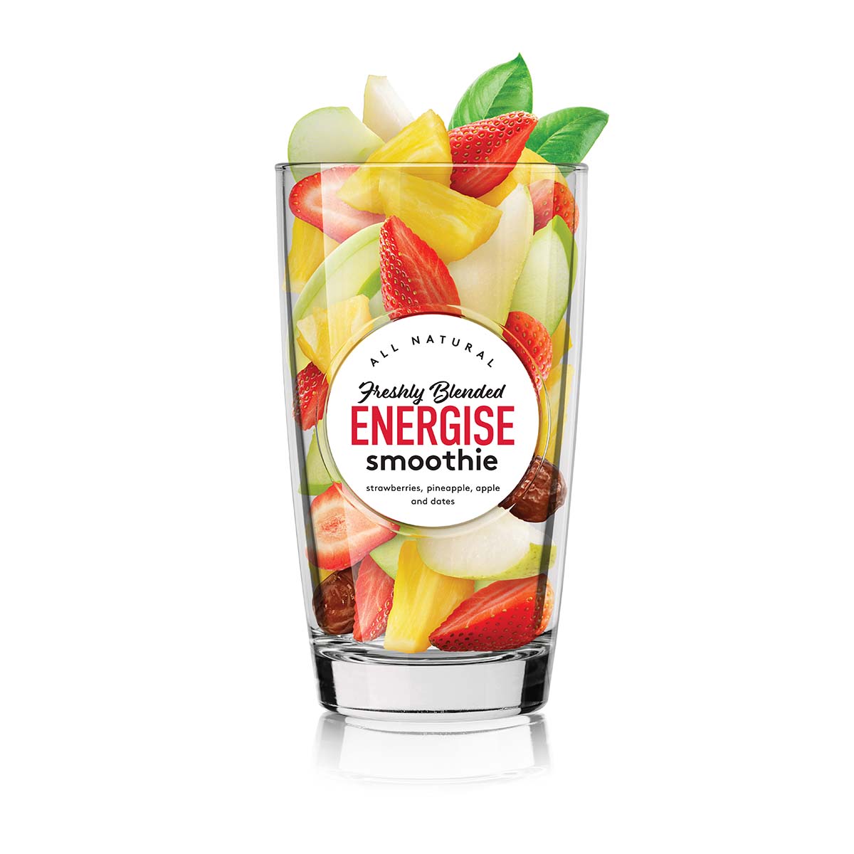 Glass with Energise smoothie fruit pieces ingredients inside