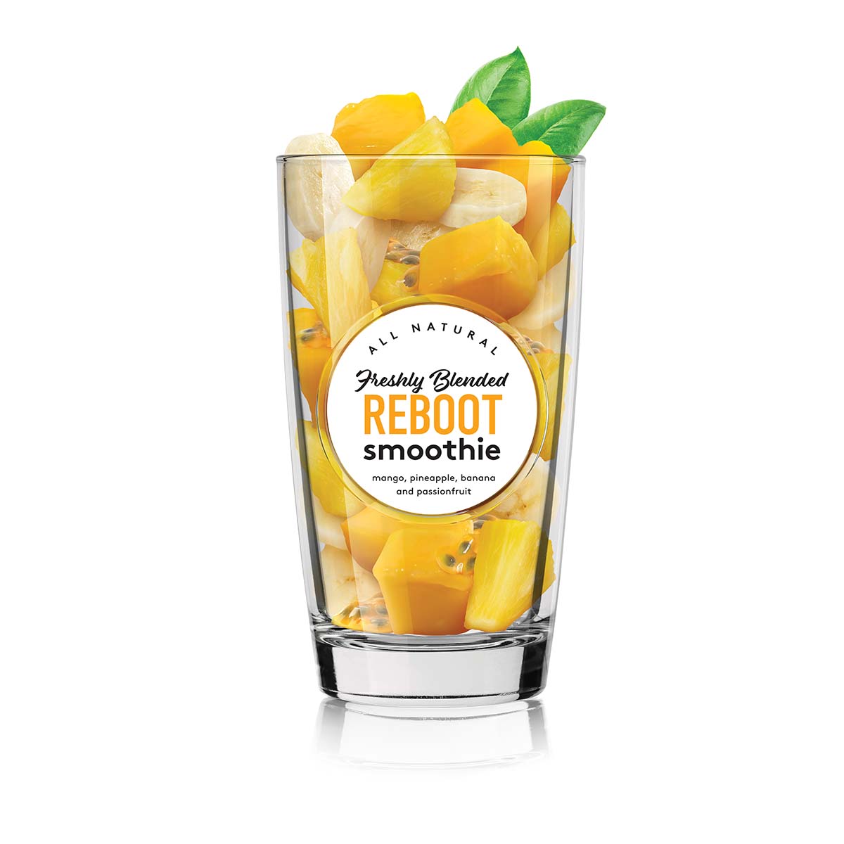 Glass with Reboot smoothie fruit pieces ingredients inside