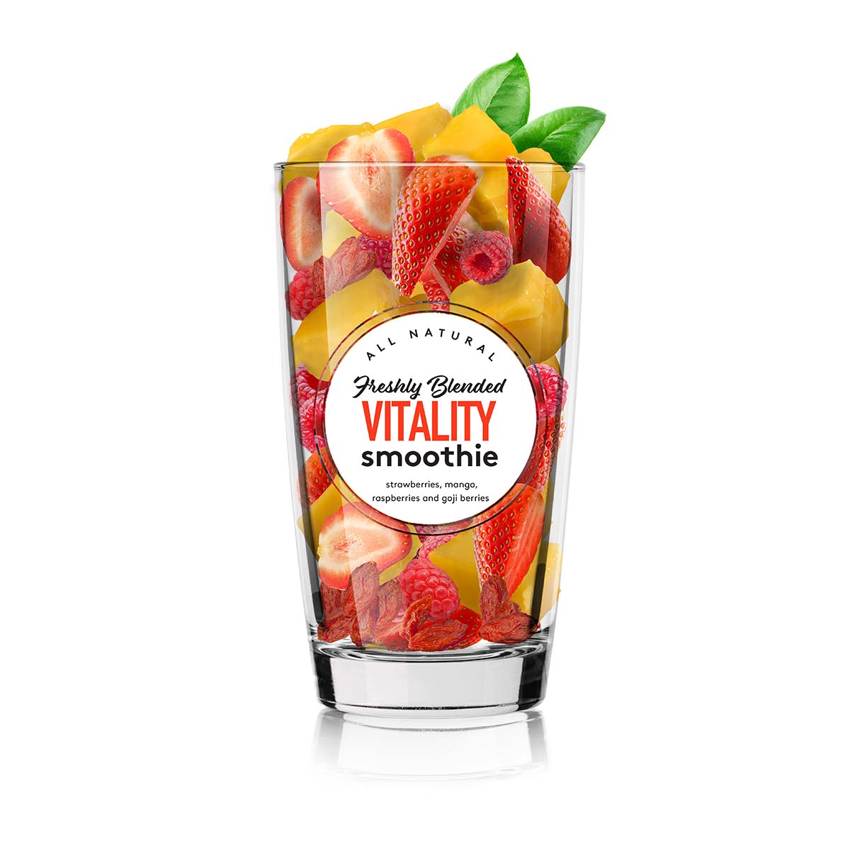 Glass with Vitality smoothie fruit pieces ingredients inside