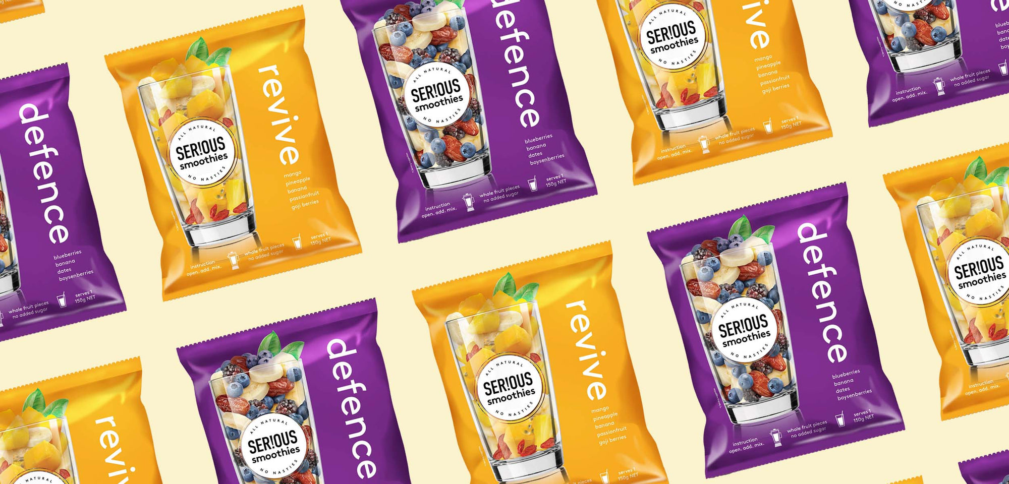 Revive and Defence smoothie packs lined up in pattern